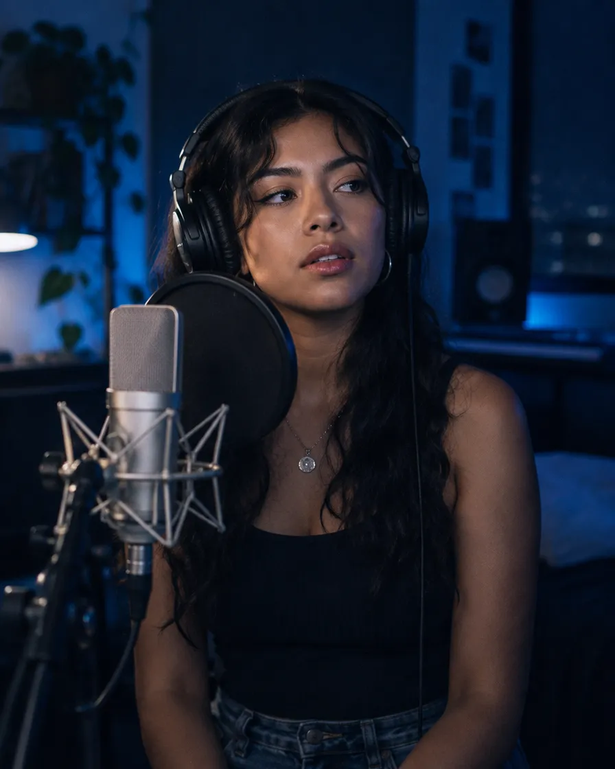 Cantante grabando voces de noche en un estudio pequeño, con audífonos